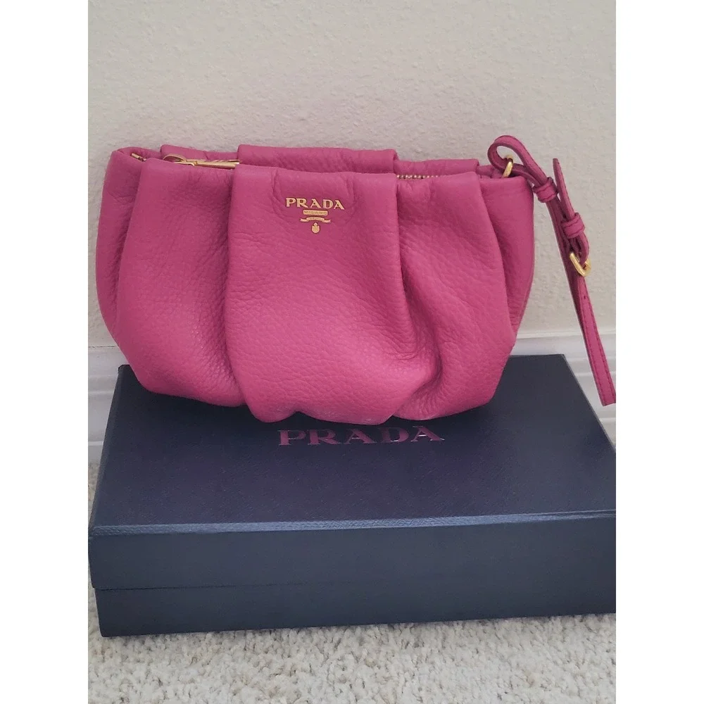 Prada Vitello Daino Peonia Pink Pebbled Leather Pleated Wristlet Clutch 1N1422